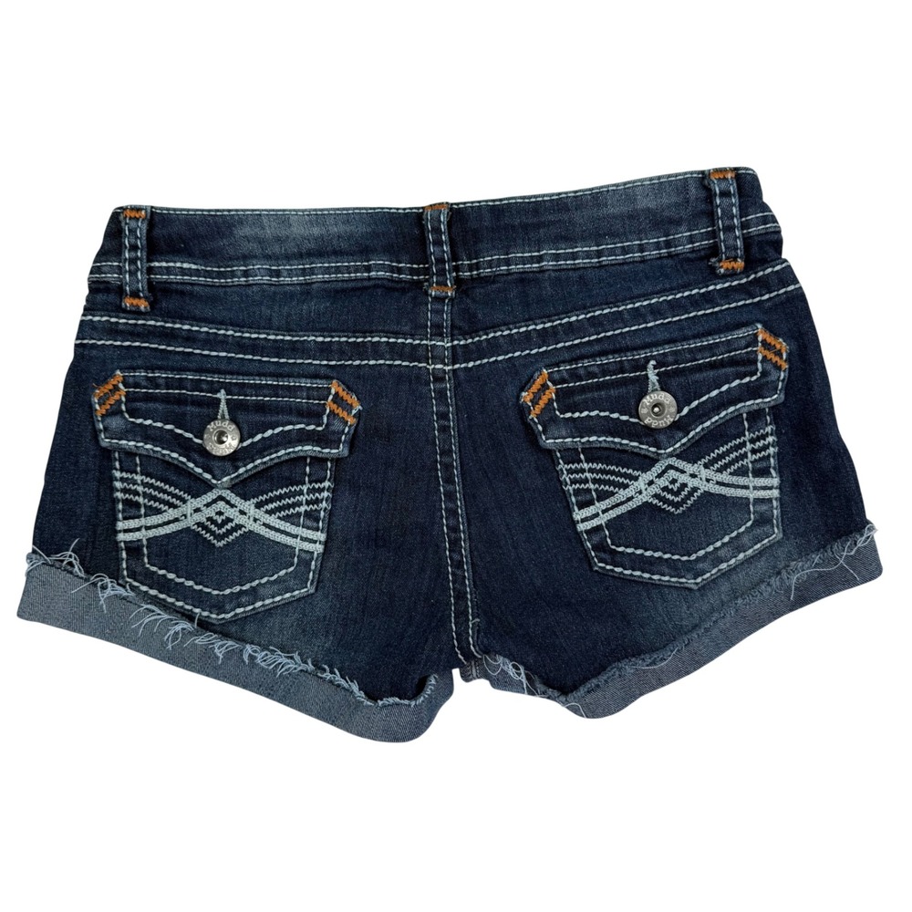 VTG Y2K Mudd Dark Wash Denim Micro Mini Shorts Contrast Stitch Size 5 Low Rise